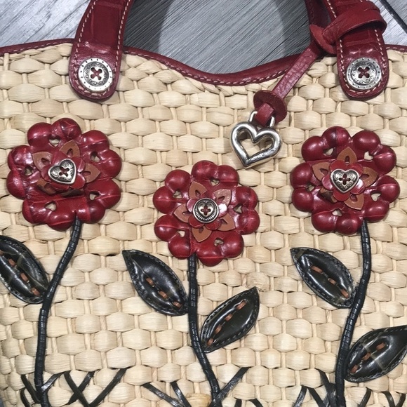 Brighton HandBag With Flowers Red Straw & Leather Tote 13"L x 5"W x 9"H - Picture 3 of 12